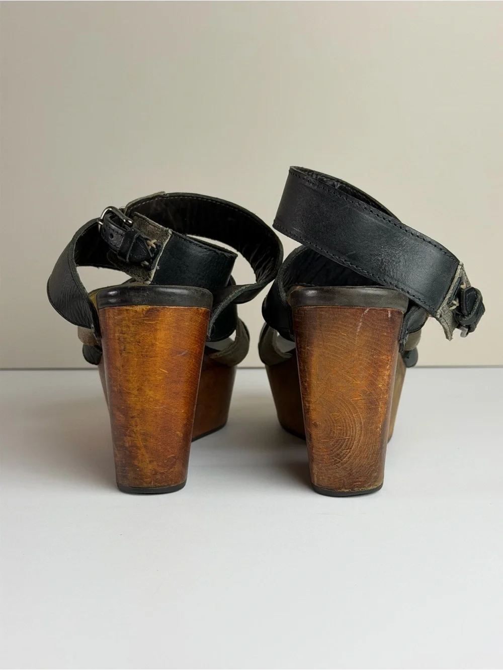 Rag & Bone Addington Leather Platform Wedge Sandals Black Wood Heel Women’s 7